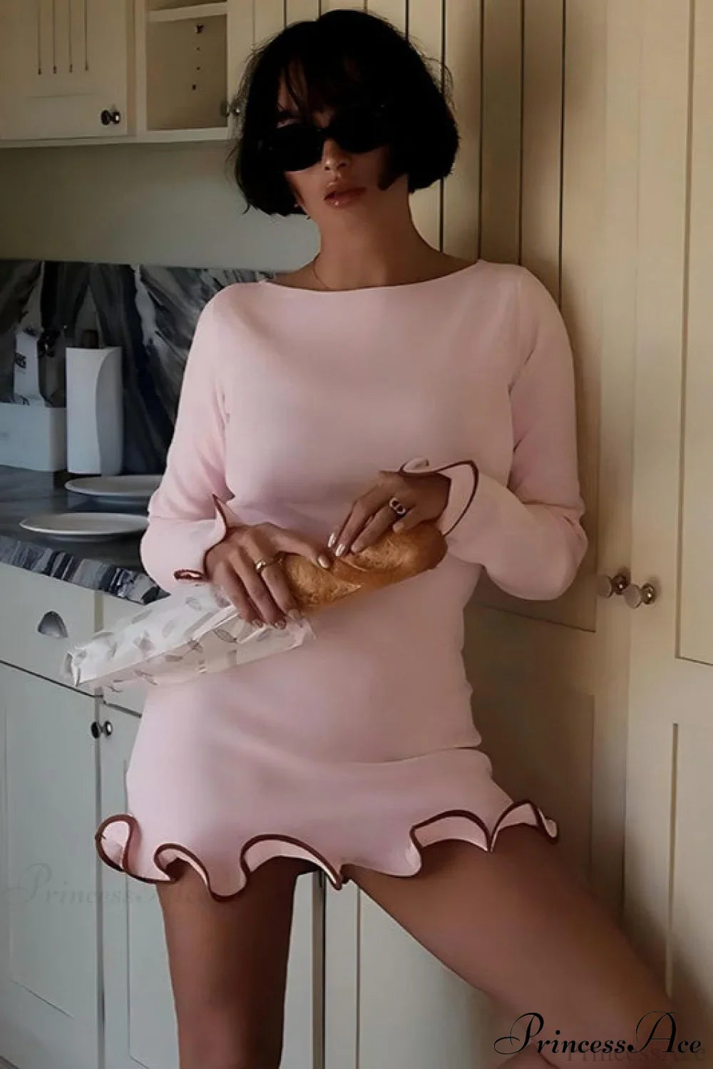Knitted Ruffled Tight Long Sleeve Mini Dress image 1