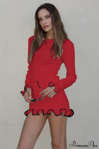 Knitted Ruffled Tight Long Sleeve Mini Dress image 7