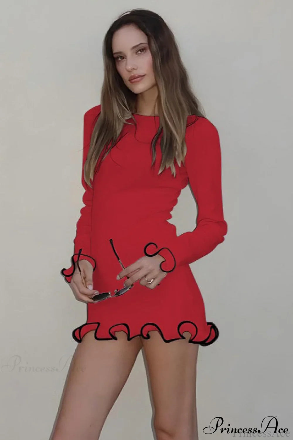 Knitted Ruffled Tight Long Sleeve Mini Dress image 7