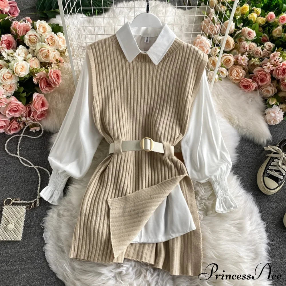 Knitted Set Waistband Style Blouse Top - Women's Lantern College and Vest Arm UK900 image 1