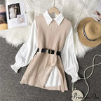 Knitted Set Waistband Style Blouse Top - Women's Lantern College and Vest Arm UK900 image 2
