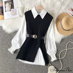 Knitted Set Waistband Style Blouse Top - Women's Lantern College and Vest Arm UK900 image 5