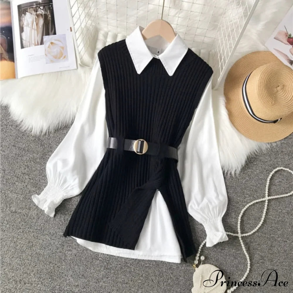 Knitted Set Waistband Style Blouse Top - Women's Lantern College and Vest Arm UK900 image 5