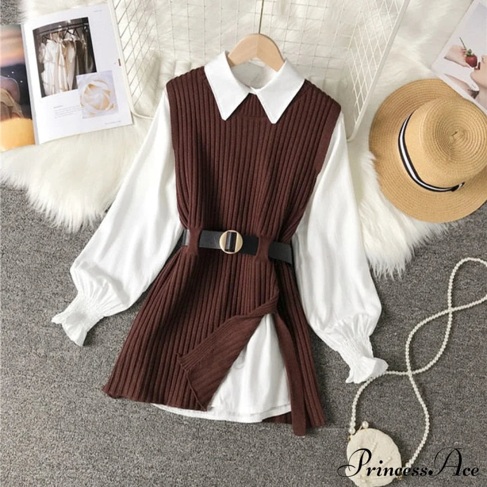 Knitted Set Waistband Style Blouse Top - Women's Lantern College and Vest Arm UK900 image 3