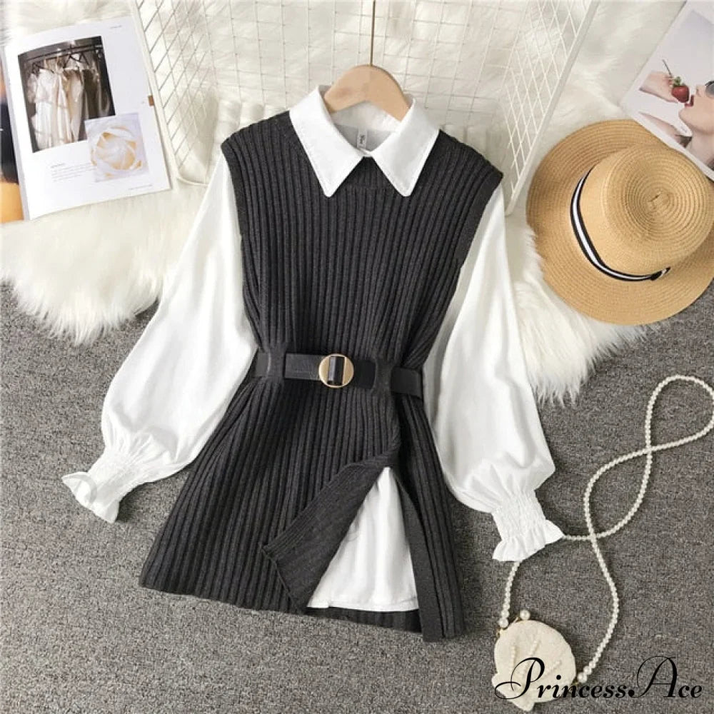 Knitted Set Waistband Style Blouse Top - Women's Lantern College and Vest Arm UK900 image 4