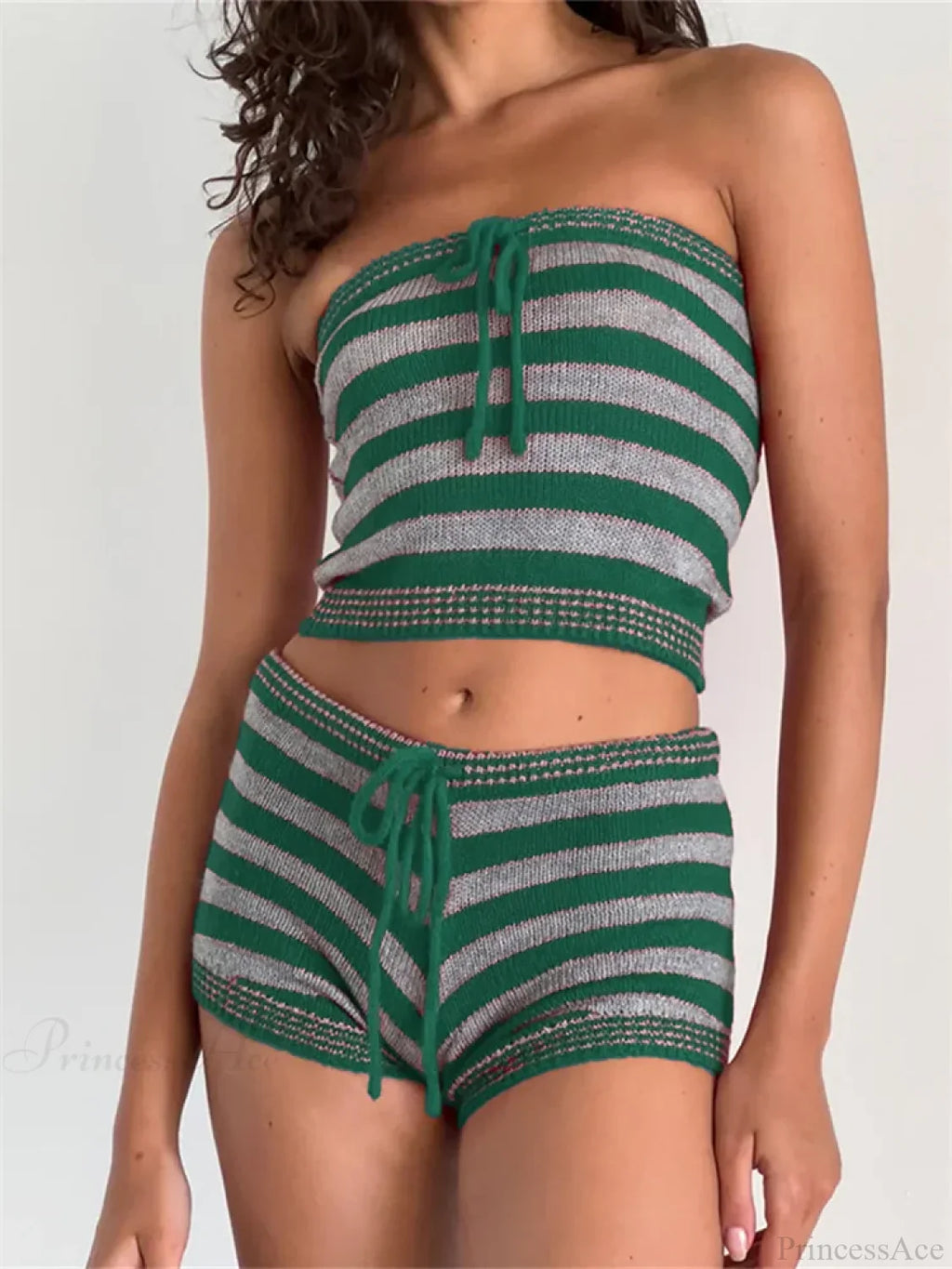 Knitted Striped Off Shoulder Crop Tube Top with Drawstring Shorts Set image 5