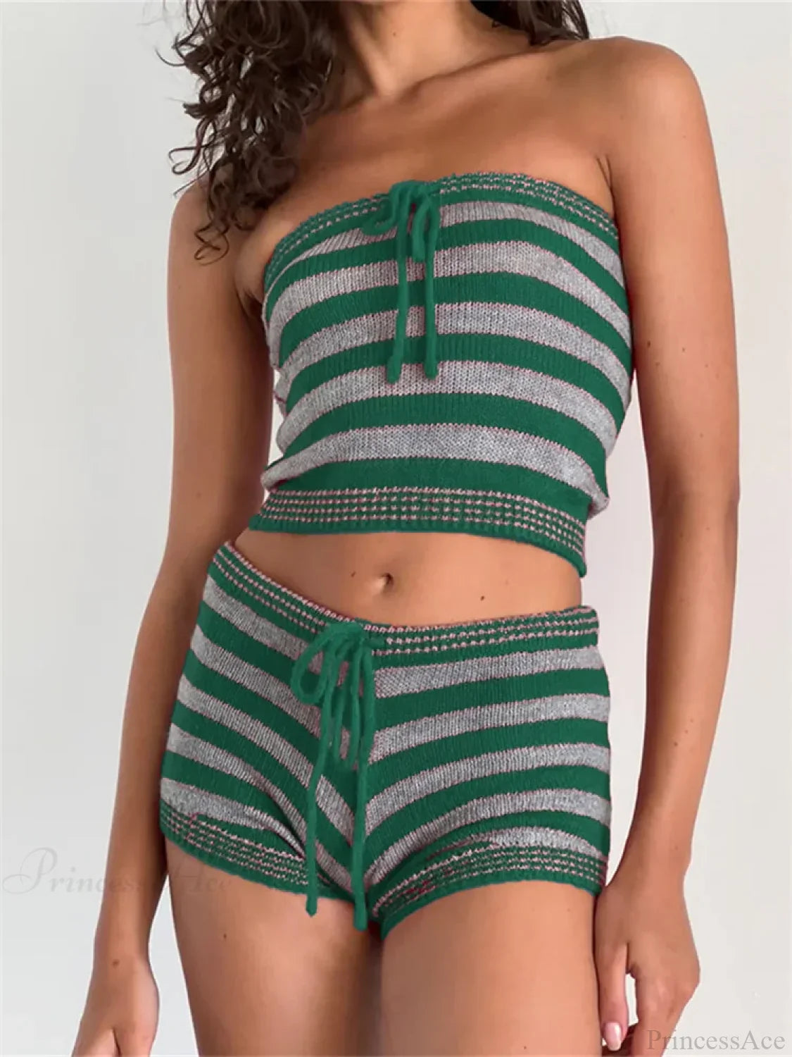 Knitted Striped Off Shoulder Crop Tube Top with Drawstring Shorts Set image 5