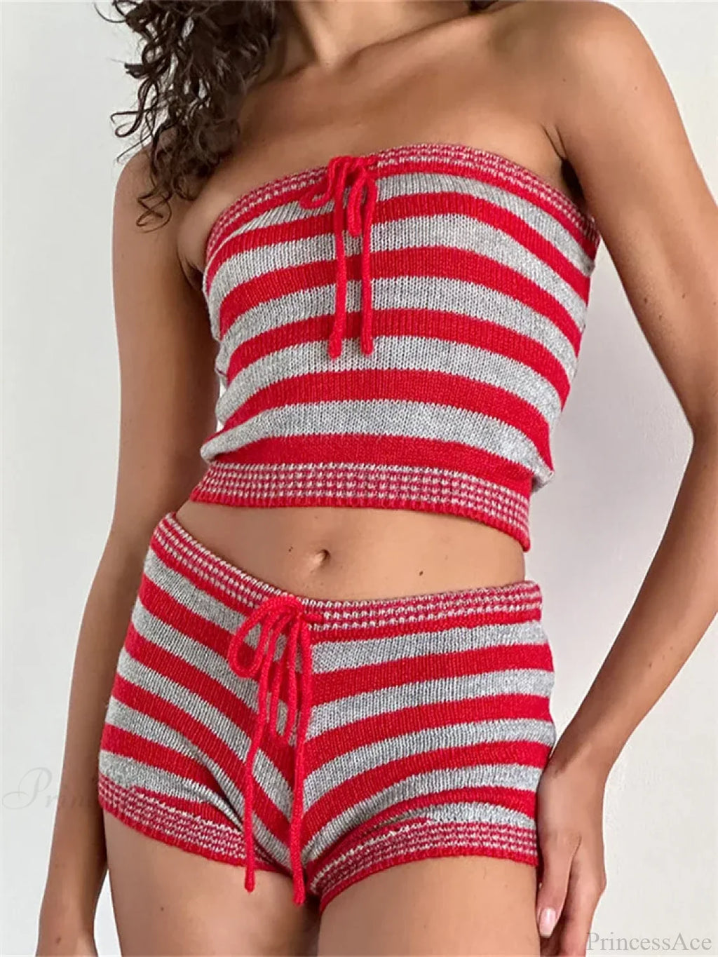 Knitted Striped Off Shoulder Crop Tube Top with Drawstring Shorts Set image 1