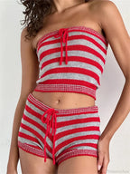 Knitted Striped Off Shoulder Crop Tube Top with Drawstring Shorts Set image 1