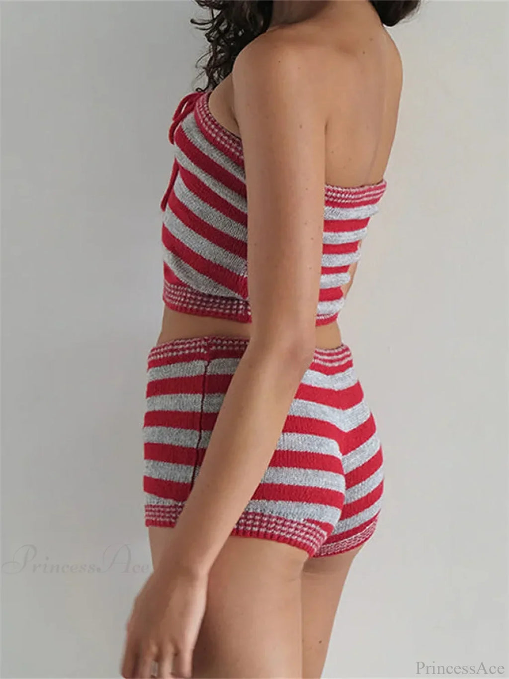 Knitted Striped Off Shoulder Crop Tube Top with Drawstring Shorts Set image 2