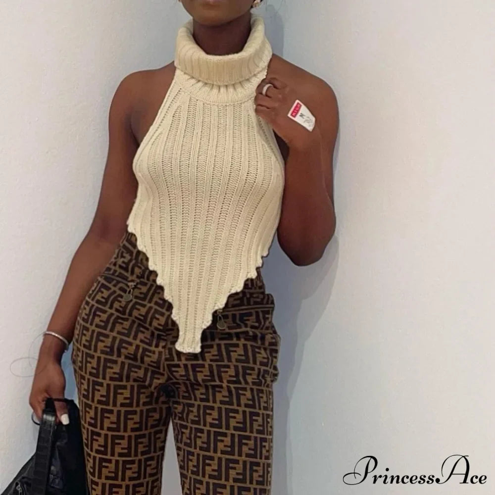 Knitted Turtleneck Stylish Backless Crop Top image 2