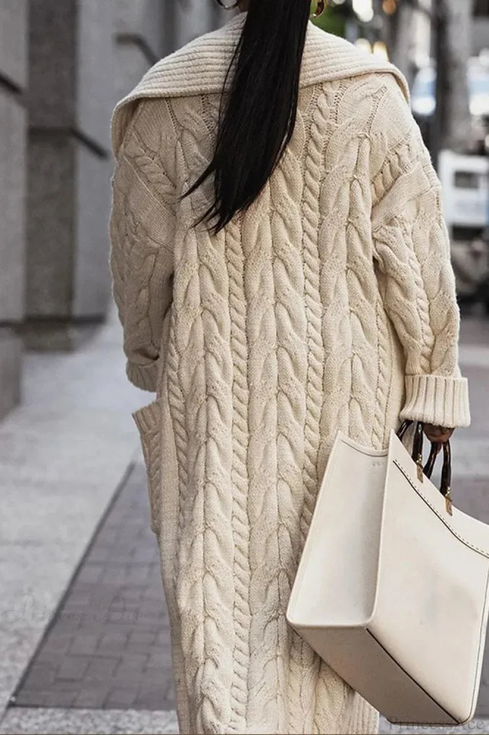 Knitted White Lapel Woolen Double Pocket Overcoat image 3