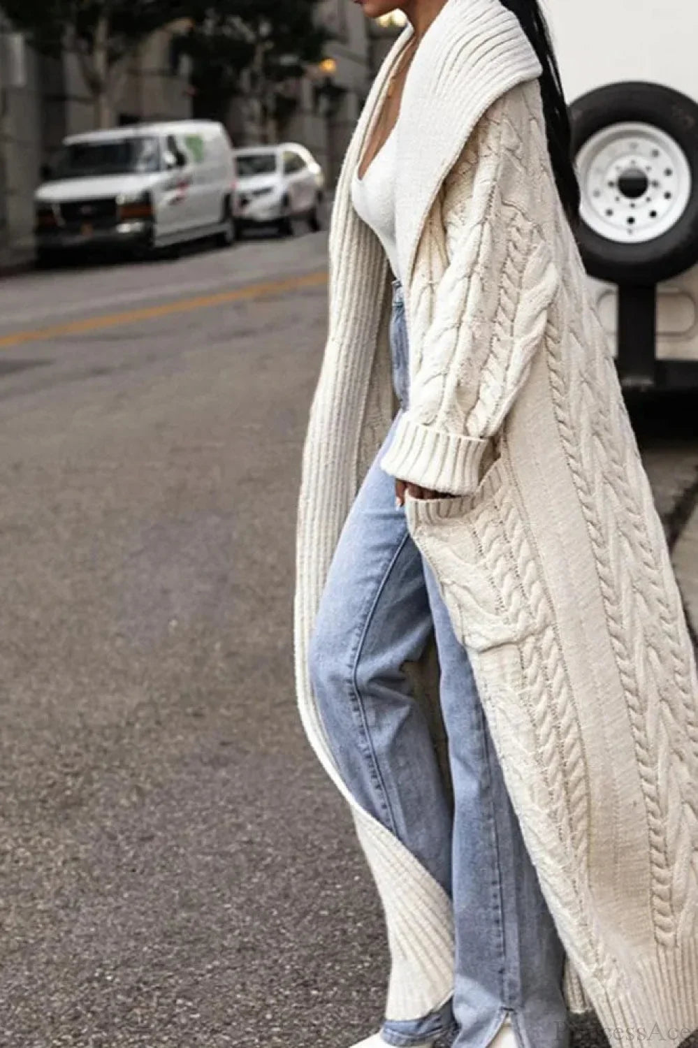 Knitted White Lapel Woolen Double Pocket Overcoat image 4