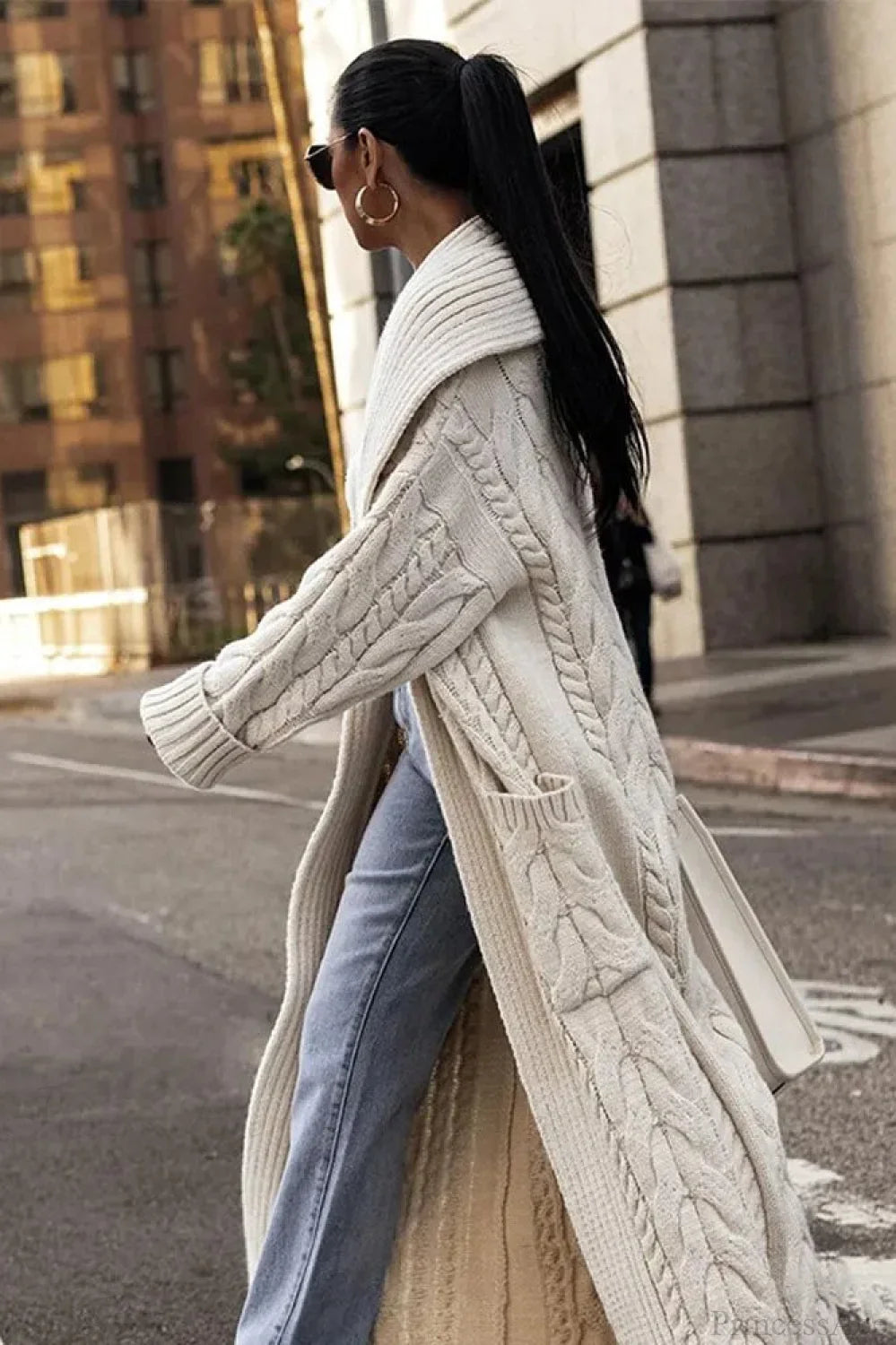 Knitted White Lapel Woolen Double Pocket Overcoat image 5