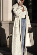 Knitted White Lapel Woolen Double Pocket Overcoat image 1