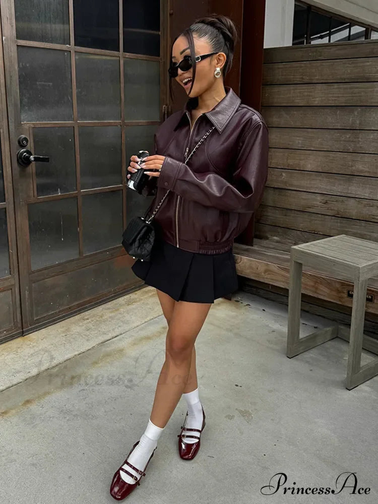 Korean Black Leather Winter Long Moto Biker Zipper Streetwear Loose Jacket image 1