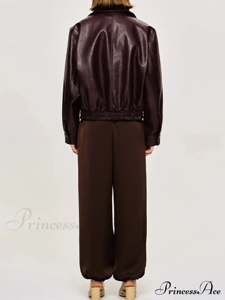 Korean Black Leather Winter Long Moto Biker Zipper Streetwear Loose Jacket image 6