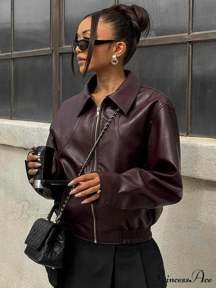 Korean Black Leather Winter Long Moto Biker Zipper Streetwear Loose Jacket image 2