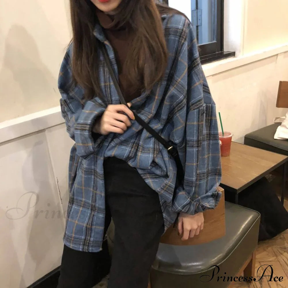 Korean Flannel Plaid Boyfriend Oversized Blouse Casual for Women Autumn Street Tunic Shirts Blouse Vintage Tops image 1