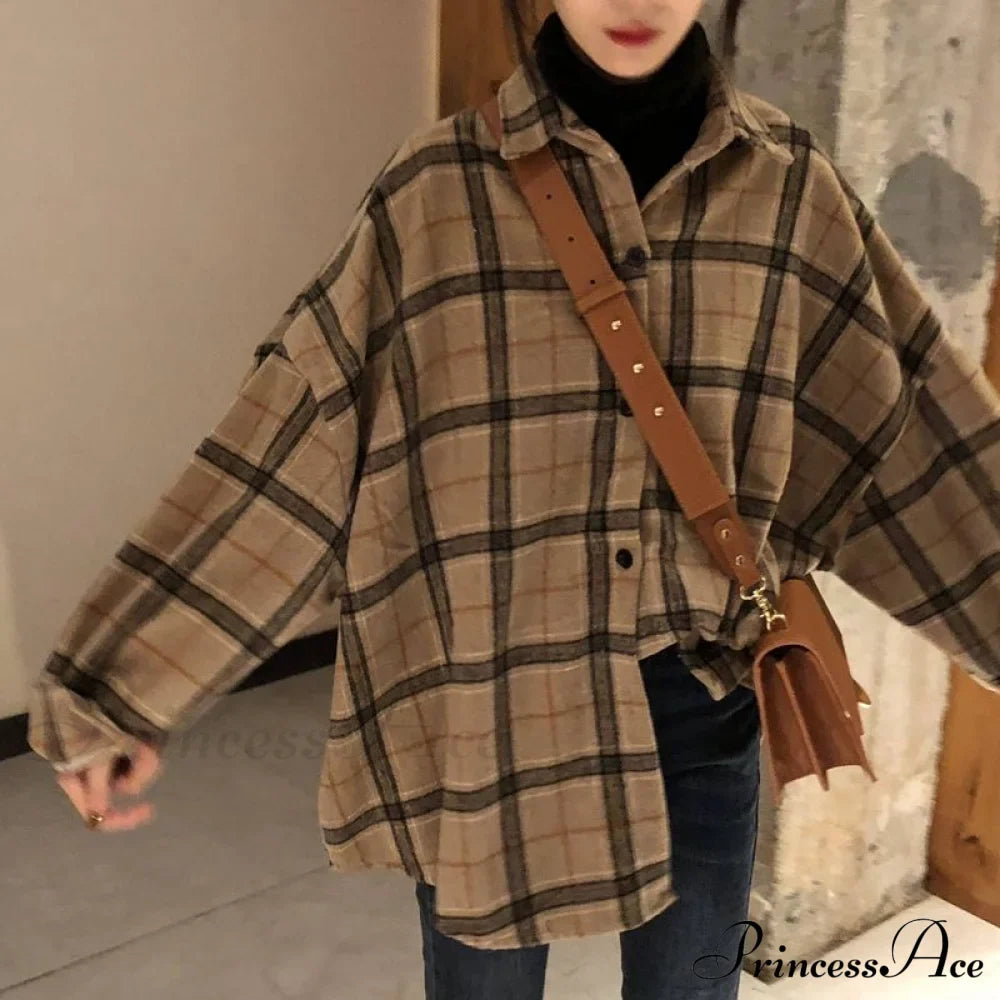 Korean Flannel Plaid Boyfriend Oversized Blouse Casual for Women Autumn Street Tunic Shirts Blouse Vintage Tops image 8