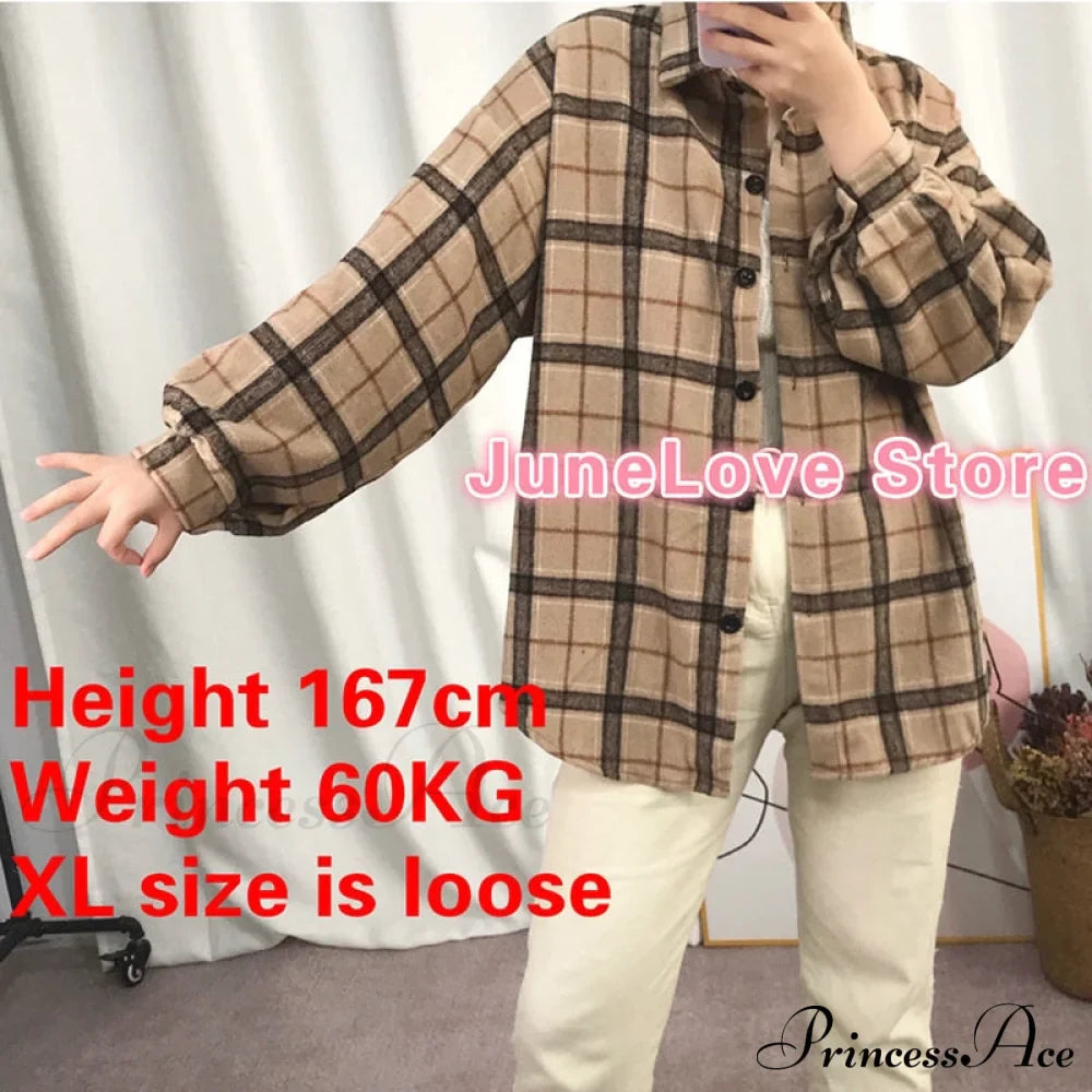 Korean Flannel Plaid Boyfriend Oversized Blouse Casual for Women Autumn Street Tunic Shirts Blouse Vintage Tops image 3