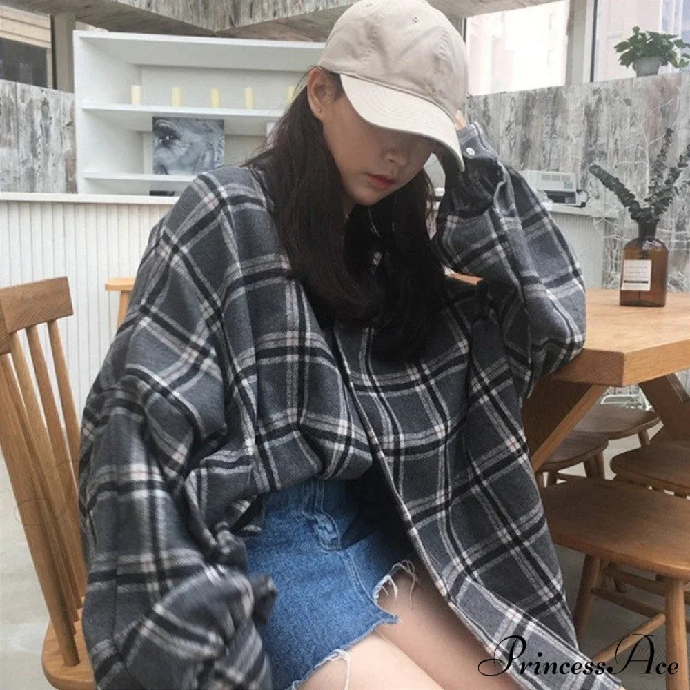 Korean Flannel Plaid Boyfriend Oversized Blouse Casual for Women Autumn Street Tunic Shirts Blouse Vintage Tops image 6