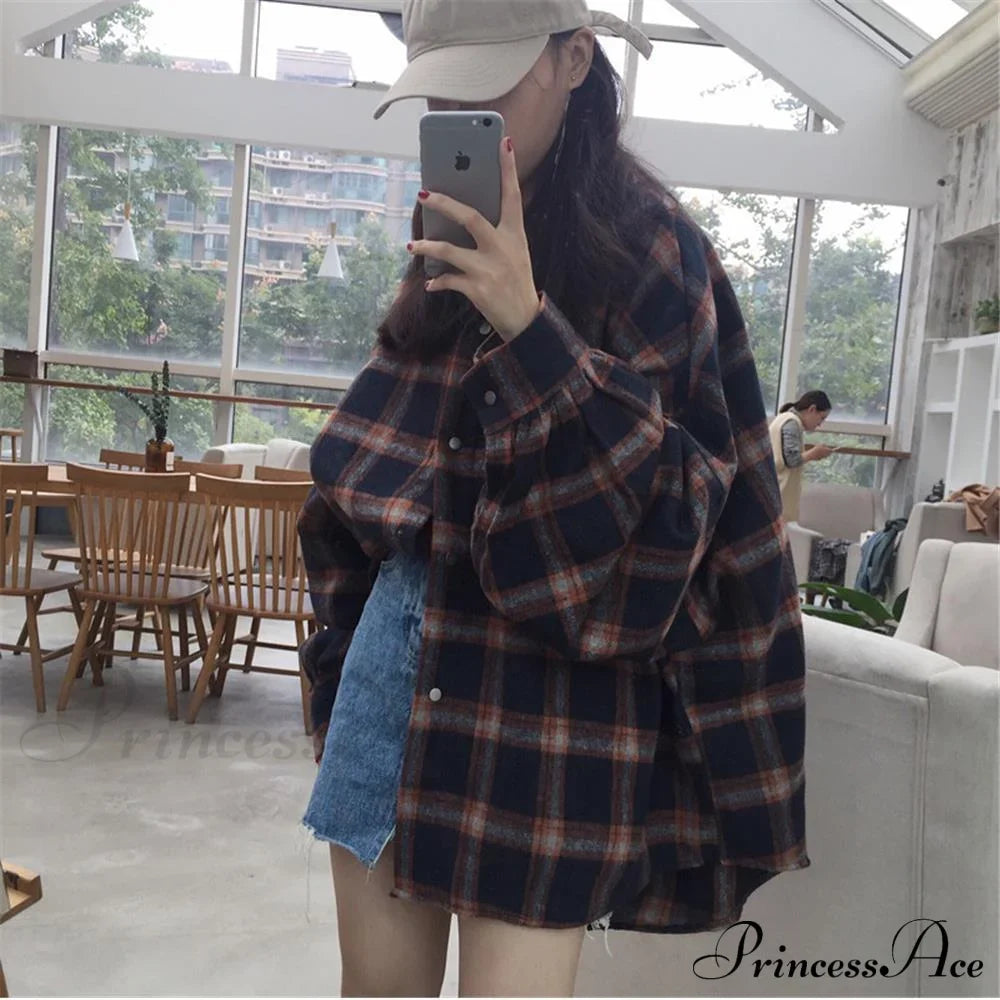 Korean Flannel Plaid Boyfriend Oversized Blouse Casual for Women Autumn Street Tunic Shirts Blouse Vintage Tops image 5
