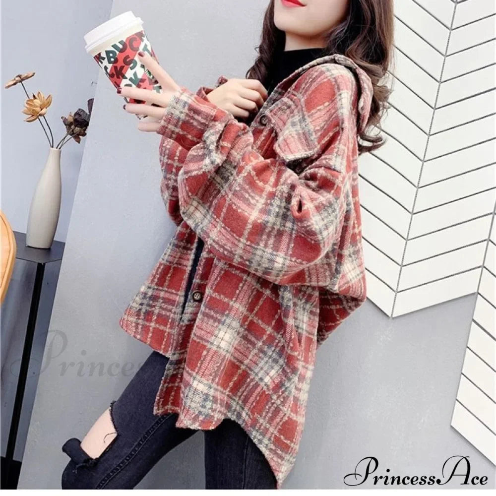 Korean Flannel Plaid Boyfriend Oversized Blouse Casual for Women Autumn Street Tunic Shirts Blouse Vintage Tops image 7
