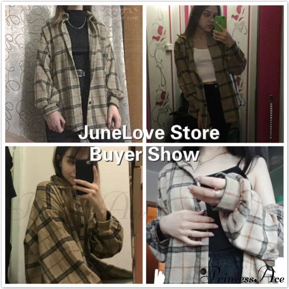 Korean Flannel Plaid Boyfriend Oversized Blouse Casual for Women Autumn Street Tunic Shirts Blouse Vintage Tops image 4