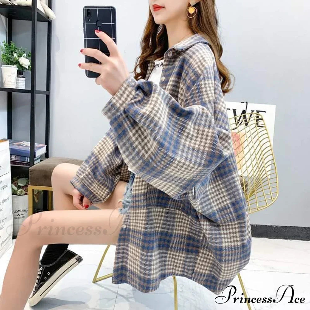 Korean Flannel Plaid Boyfriend Oversized Blouse Casual for Women Autumn Street Tunic Shirts Blouse Vintage Tops image 10