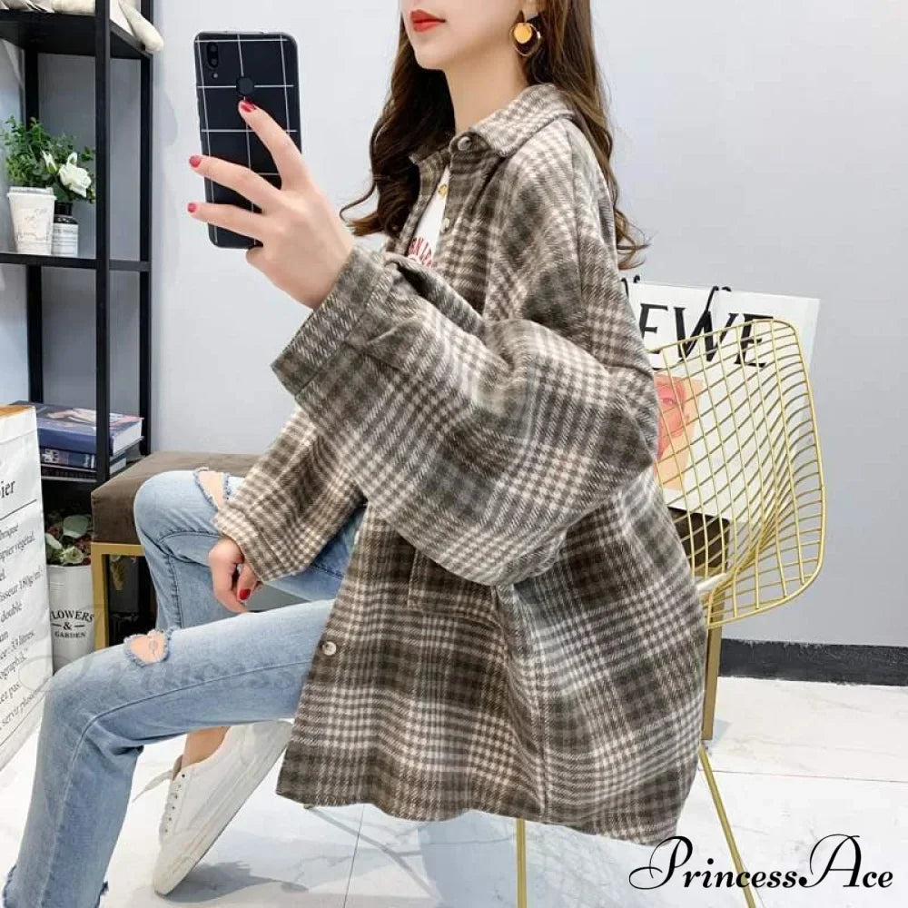 Korean Flannel Plaid Boyfriend Oversized Blouse Casual for Women Autumn Street Tunic Shirts Blouse Vintage Tops image 12