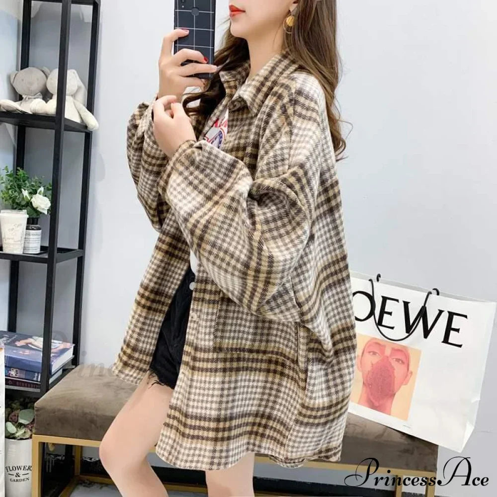Korean Flannel Plaid Boyfriend Oversized Blouse Casual for Women Autumn Street Tunic Shirts Blouse Vintage Tops image 11