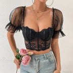 Korean Mesh Sheer Puff Sleeve Lace Crop Top image 7