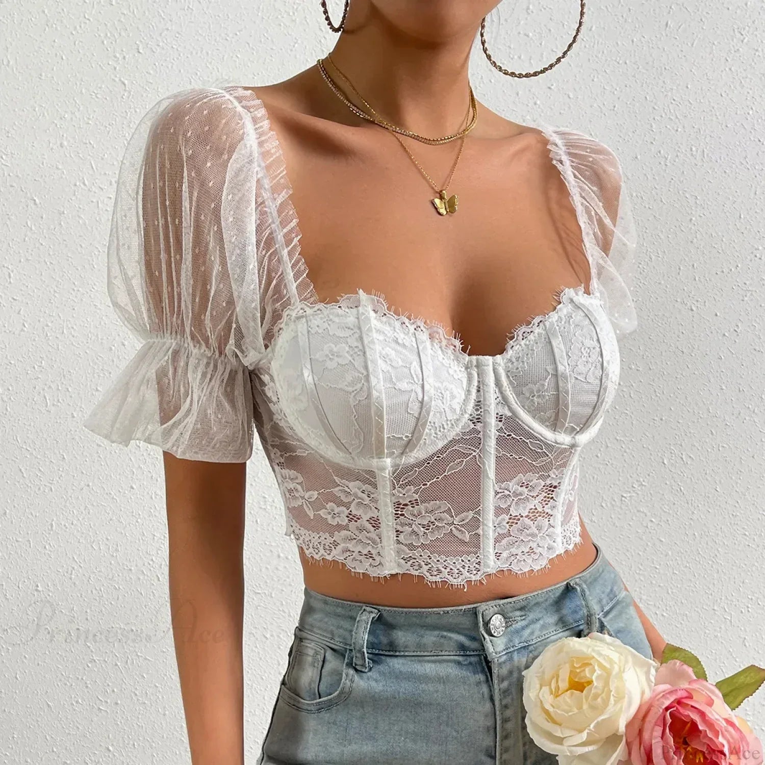 Korean Mesh Sheer Puff Sleeve Lace Crop Top image 5