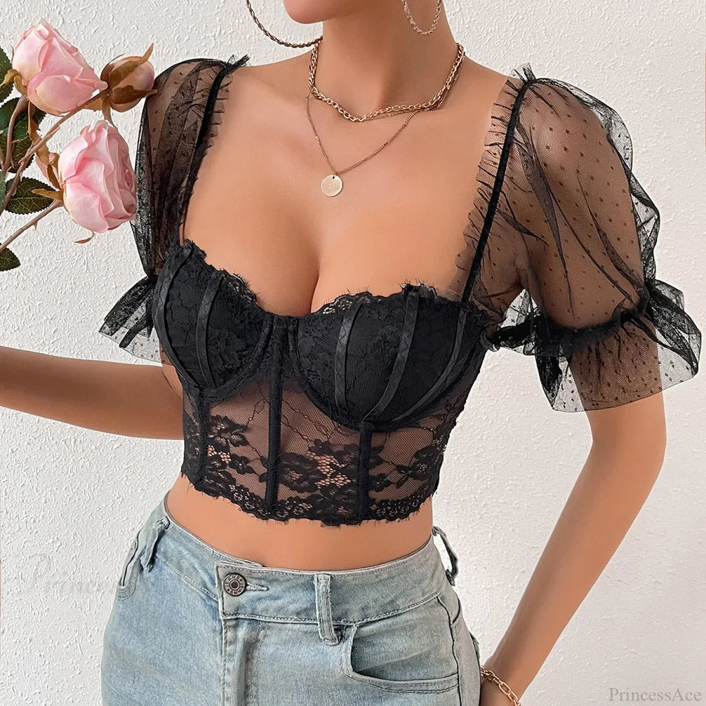Korean Mesh Sheer Puff Sleeve Lace Crop Top image 1