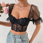 Korean Mesh Sheer Puff Sleeve Lace Crop Top image 1