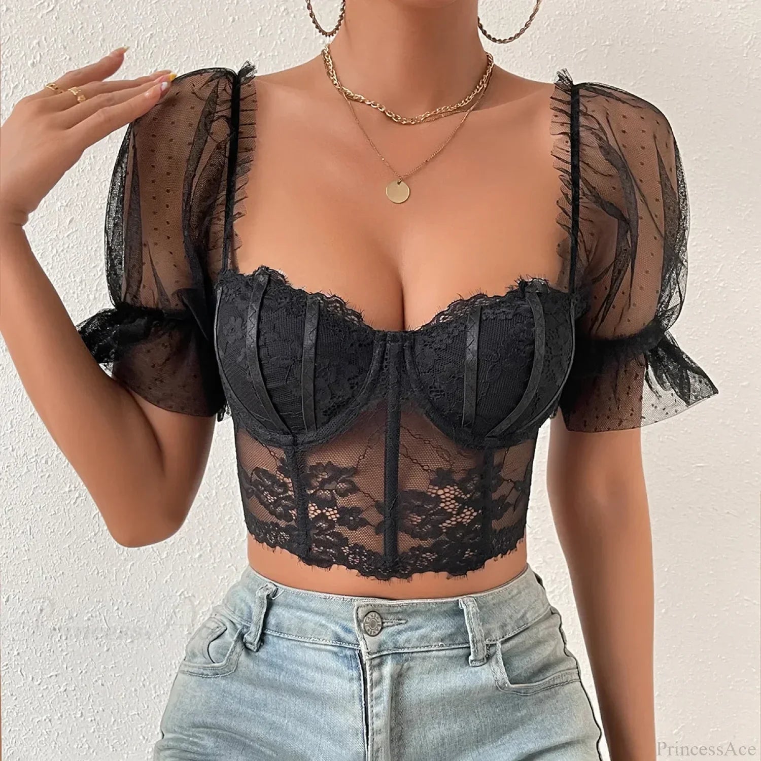 Korean Mesh Sheer Puff Sleeve Lace Crop Top image 3