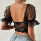 Korean Mesh Sheer Puff Sleeve Lace Crop Top image 2