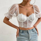 Korean Mesh Sheer Puff Sleeve Lace Crop Top image 4