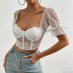Korean Mesh Sheer Puff Sleeve Lace Crop Top image 6