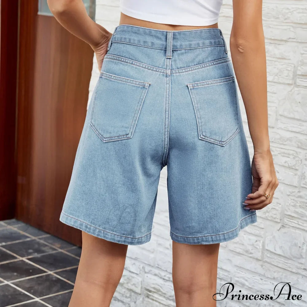Korean Style Classic Comfortable Adjustable Quarter Blue High Waisted Wide Leg Short image 4