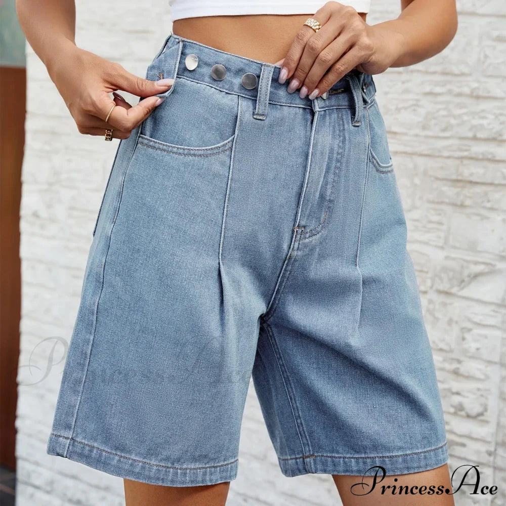 Korean Style Classic Comfortable Adjustable Quarter Blue High Waisted Wide Leg Short image 5