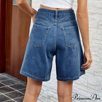 Korean Style Classic Comfortable Adjustable Quarter Blue High Waisted Wide Leg Short image 2