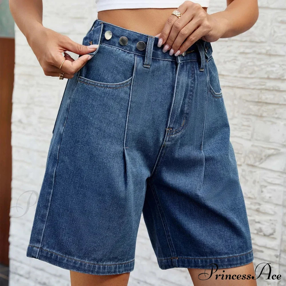 Korean Style Classic Comfortable Adjustable Quarter Blue High Waisted Wide Leg Short image 3