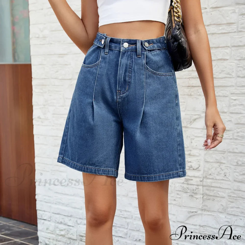 Korean Style Classic Comfortable Adjustable Quarter Blue High Waisted Wide Leg Short image 1