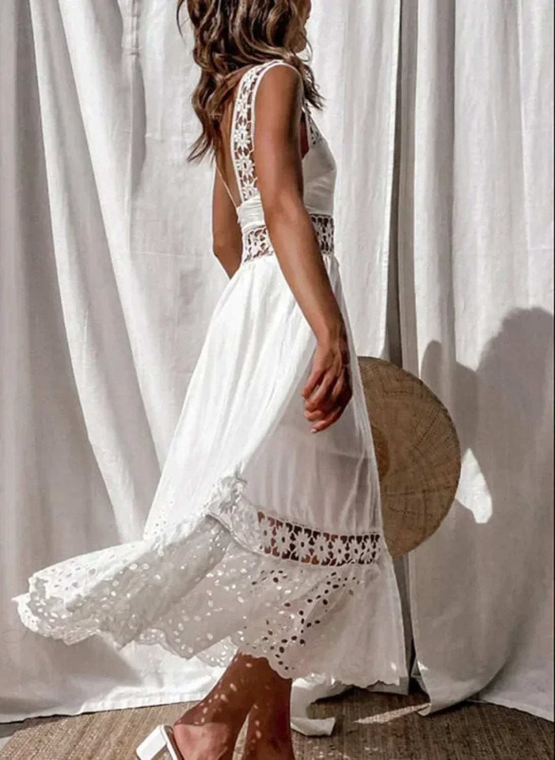 Lace Cotton Sleeveless White Hollow Out Maxi Boho Sundress image 3