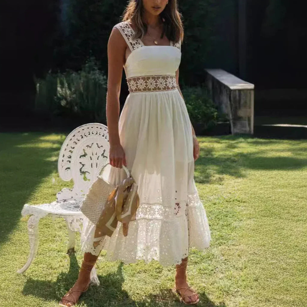 Lace Cotton Sleeveless White Hollow Out Maxi Boho Sundress image 1