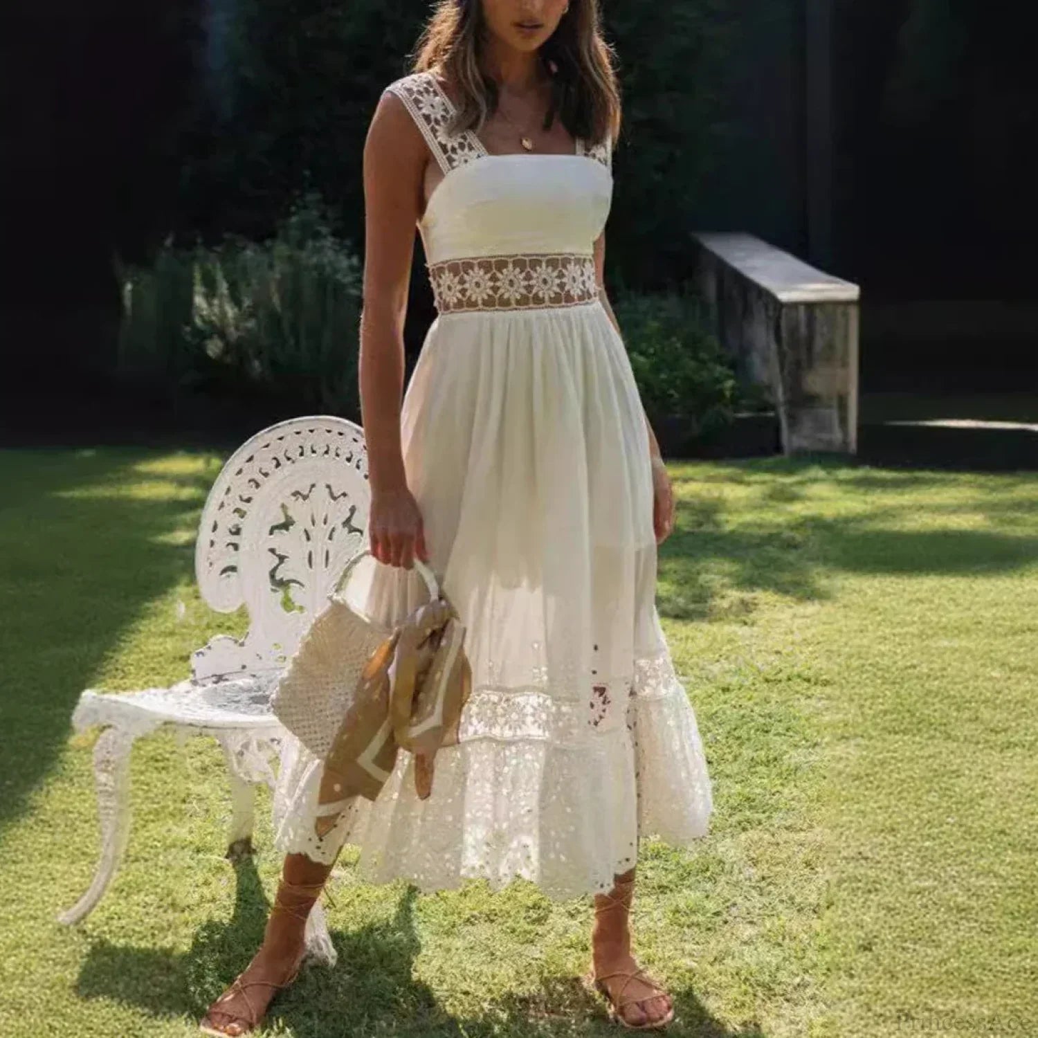 Lace Cotton Sleeveless White Hollow Out Maxi Boho Sundress image 1