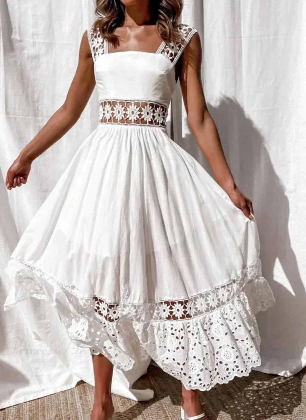 Lace Cotton Sleeveless White Hollow Out Maxi Boho Sundress image 2