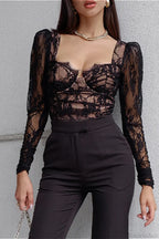 Lace Cup Black V-Neck Fitted Long Sleeve Tee image 1